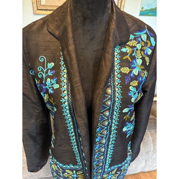 Handcrafted Black Sheer - 100% Silk Open-Front Jacket S Floral Embroidery Dressy - Picture 3 of 8